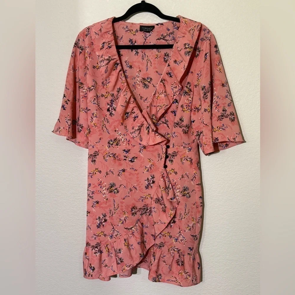 Topshop Pink Floral Ruffle Wrap Dress, size 10